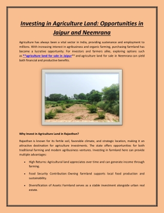 Investing in Agriculture Land: Opportunities in Jaipur and Neemrana