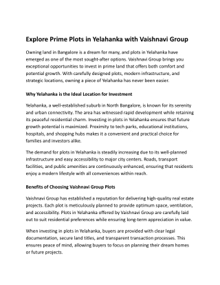 Explore Prime Plots in Yelahanka with Vaishnavi Group