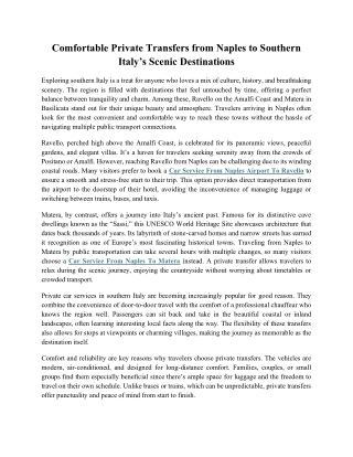 Comfortable Private Transfers from Naples to Southern Italy’s Scenic Destination