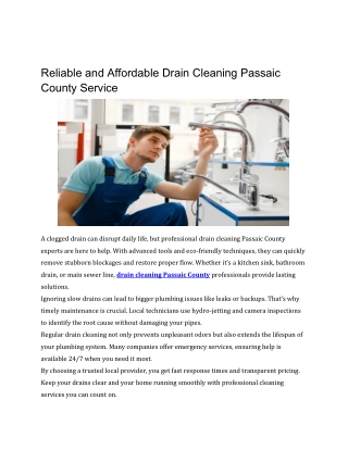 Reliable and Affordable Drain Cleaning Passaic County Service