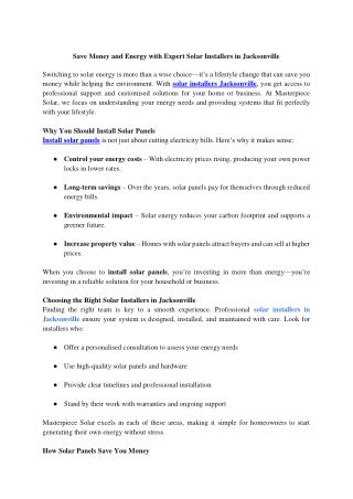 Save Money and Energy with Expert Solar Installers in Jacksonville