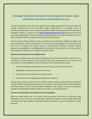 Strategic Global Recruitment: Why Companies Choose Asian and Dubai Talent for Co