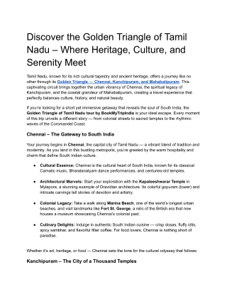 Discover the Golden Triangle of Tamil Nadu – Chennai, Kanchipuram & Mahabalipura