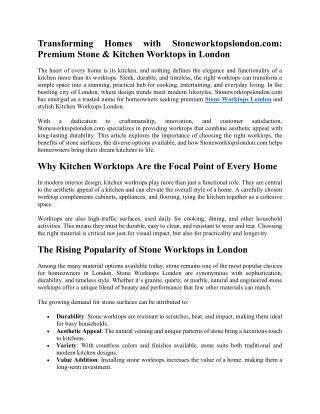 Transforming Homes with Stoneworktopslondon.com Premium Stone & Kitchen Worktops in London
