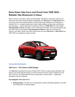 Drive Home Tata Curvv and Punch from TSW TATA – Reliable Tata Showroom in Hosur
