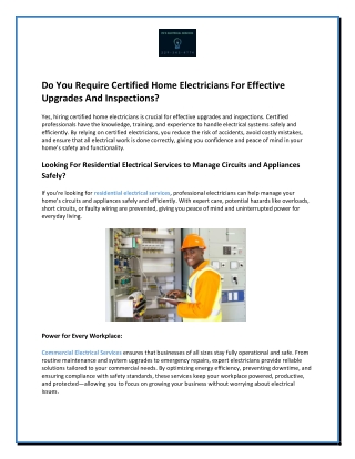 Do You Require Certified Home Electricians For Effective Upgrades And Inspection