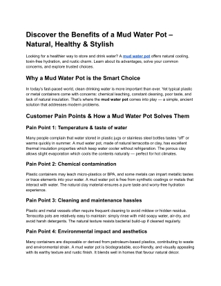 Discover the Benefits of a Mud Water Pot – Natural, Healthy & Stylish