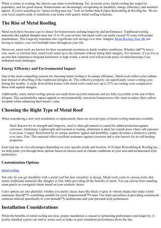 Eclipse Remodeling & Roofing Inc: Your Local Metal Roofing Experts