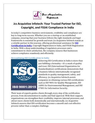 Jcs Acquistive Infotech Your Trusted Partner for ISO, Copyright, and FSSAI Compliance in India