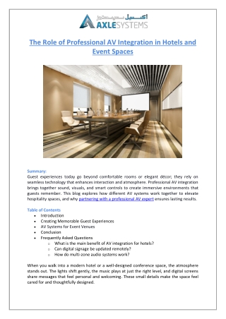 Professional AV Integration for Hotels & Events - Axle Systems