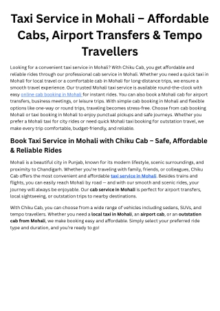 Taxi Service in Mohali – Affordable Cabs, Airport Transfers & Tempo Travellers