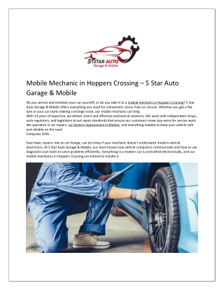 Mobile Mechanic in Hoppers Crossing