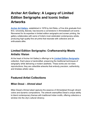 Archer Art Gallery: A Legacy of Limited Edition Serigraphs and Iconic Indian Art