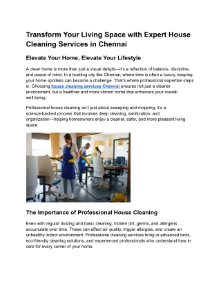 Transform Your Living Space with Expert House Cleaning Services in Chennai