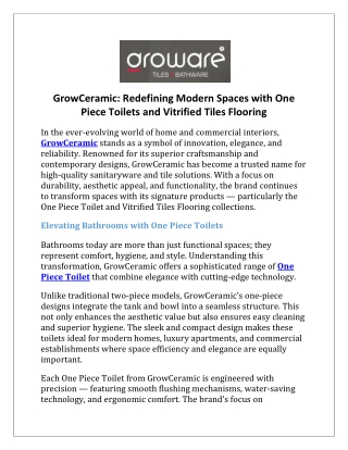 GrowCeramic Redefining Modern Spaces with One Piece Toilets and Vitrified Tiles Flooring