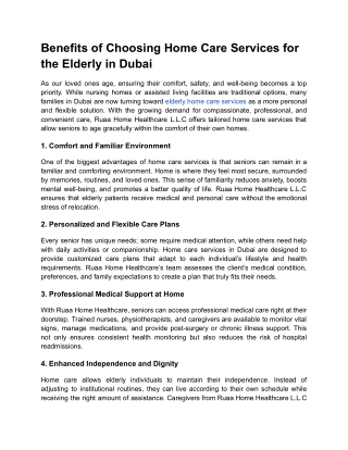 Benefits of Choosing Home Care Services for the Elderly in Dubai