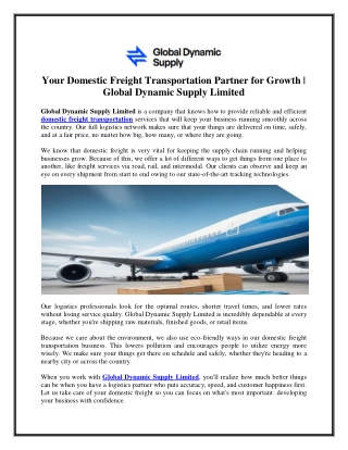 Your Domestic Freight Transportation Partner for Growth - Global Dynamic Supply Limited