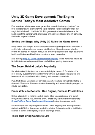 Unity 3D Game Development_ The Engine Behind Today’s Most Addictive Games