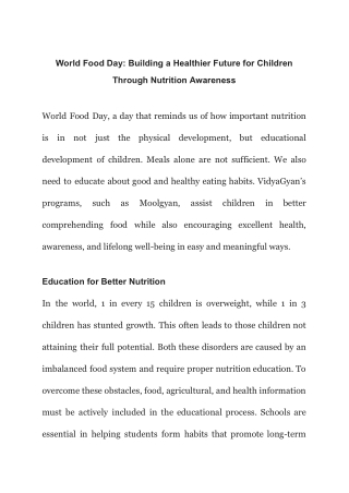 World Food Day-Building a Healthier Future for Children Through Nutrition Awareness