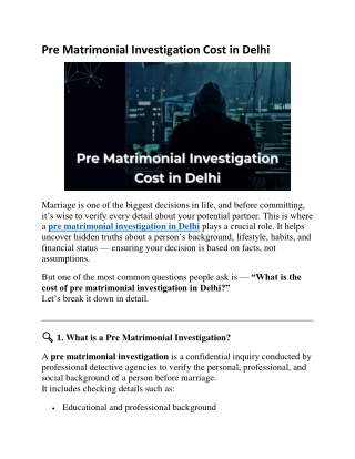 Pre Matrimonial Investigation Cost Delhi