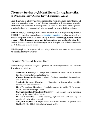 Chemistry Services by Jubilant Biosys- Driving Innovation in Drug Discovery Across Key Therapeutic Areas