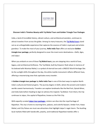 Discover India’s Timeless Beauty with Taj Mahal Tours and Golden Triangle Tour P