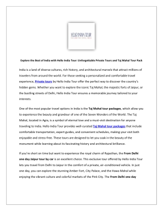 Explore the Best of India with Hello India Tour: Unforgettable Private Tours and