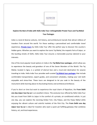 Explore the Best of India with Hello India Tour: Unforgettable Private Tours and