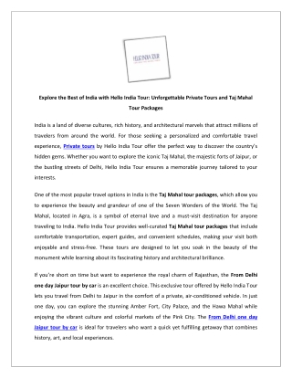 Explore the Best of India with Hello India Tour: Unforgettable Private Tours and