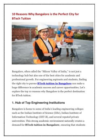 10 Reasons Why Bangalore is the Perfect City for BTech Tuition