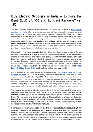 Buy Electric Scooters in India – Explore the Best EcoDryft 350 and Longest Range eTryst 350