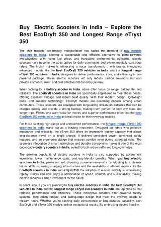 Buy Electric Scooters in India – Explore the Best EcoDryft 350 and Longest Range eTryst 350