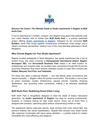 Discover the Charm_ The Ultimate Guide to Studio Apartments in Bagalur at MJR North Park