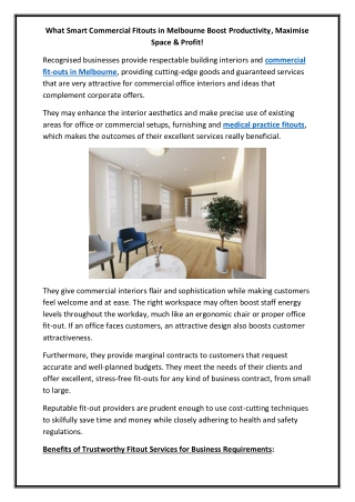 What Smart Commercial Fitouts in Melbourne Boost Productivity, Maximise Space & Profit!