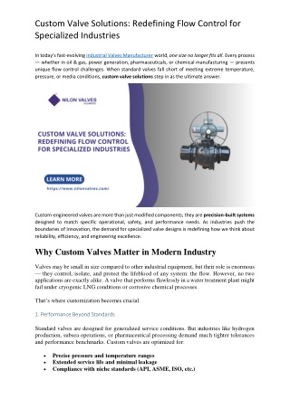 Custom Valve Solutions Redefining Flow Control for Specialized Industries  Nilon Valves