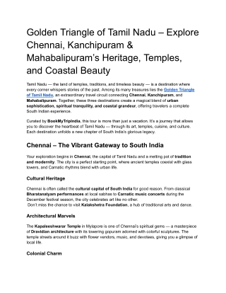 Golden Triangle of Tamil Nadu – Explore Chennai, Kanchipuram & Mahabalipuram’s Heritage, Temples, and Coastal Beauty