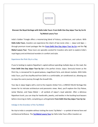 Discover the Royal Heritage with Hello India Tours: From Delhi One Day Jaipur To