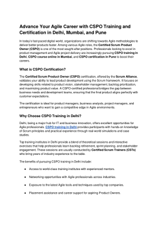 Advance Your Agile Career with CSPO Training and Certification in Delhi, Mumbai,