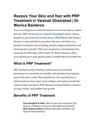 Restore Your Skin and Hair with PRP Treatment in Vaishali Ghaziabad _ Dr