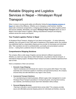 Reliable Shipping and Logistics Services in Nepal