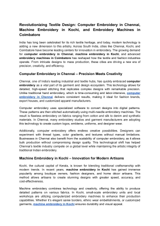 Revolutionizing Textile Design: Computer Embroidery in Chennai, Machine Embroide