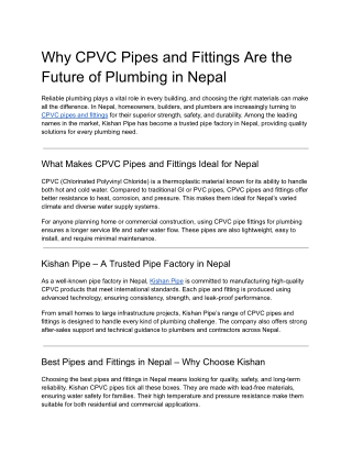 Why CPVC Pipes and Fittings Are the Future of Plumbing in Nepal