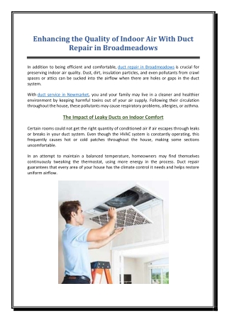 Enhancing the Quality of Indoor Air With Duct Repair in Broadmeadows