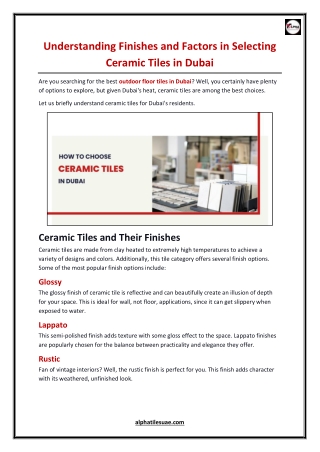 Understanding Finishes and Factors Affecting the Selection of Ceramic Tiles in Dubai