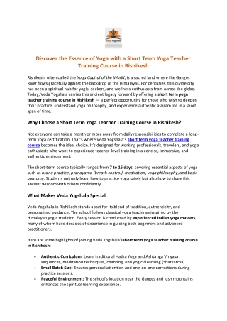 Discover the Essence of Yoga with a Short Term Yoga Teacher Training Course in Rishikesh