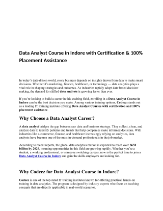 Master Your Career with the Best Data Analyst Course in Indore – Codeez