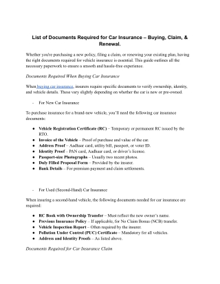List of Documents Required for Car Insurance – Buying, Claim, & Renewal