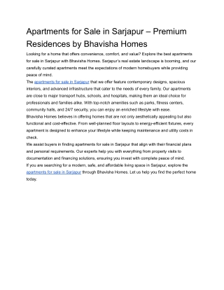 Apartments for Sale in Sarjapur – Premium Residences by Bhavisha Homes