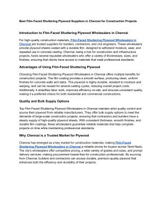 Best Film-Faced Shuttering Plywood Suppliers in Chennai for Construction Projects