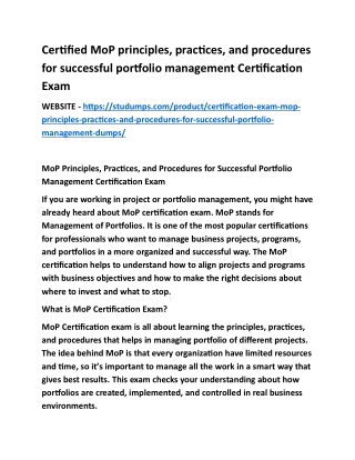 Certified MoP principles, practices, and procedures for successful portfolio management Certification Exam